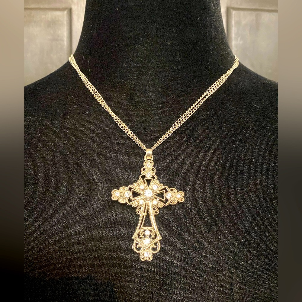 Vintage Silver Double necklace with Cross rhinestones pendant & Silver hoops - Picture 3 of 12